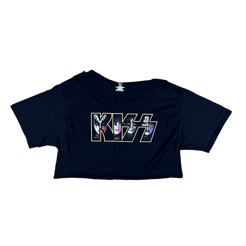 KISS Band Tee Unisex Large Thrashed Cropped Black Vintage Style Tour Rock Shirt